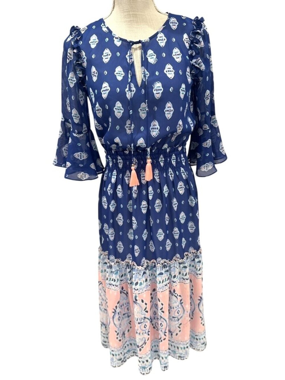 Lilly Pulitzer Whimsical Navy Blue Seashell Print Midi Dress W/Coral Tassels 0